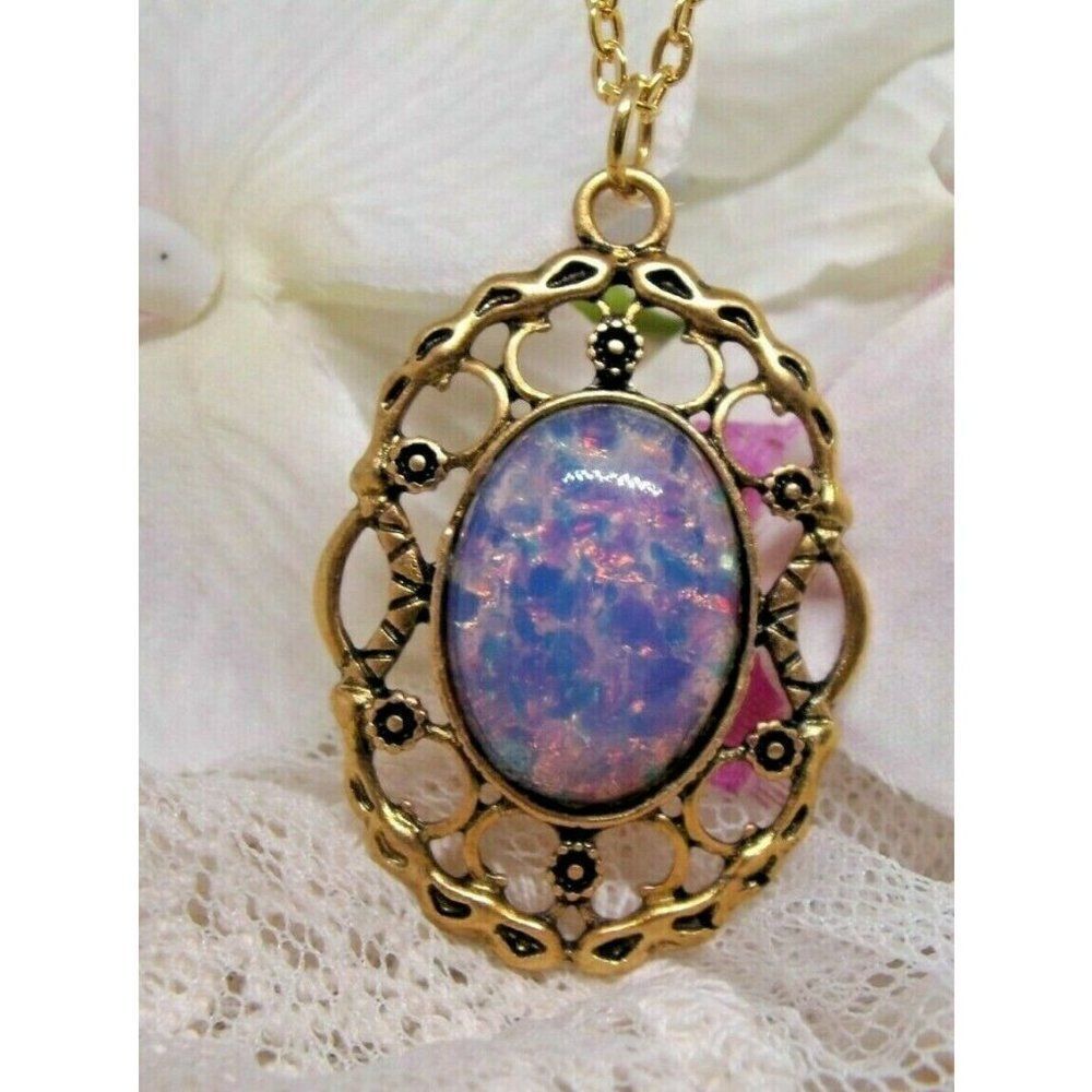 Valentines Day Gift Mom Wife Harlequin Fire Opal Gold Setting Necklace 35$